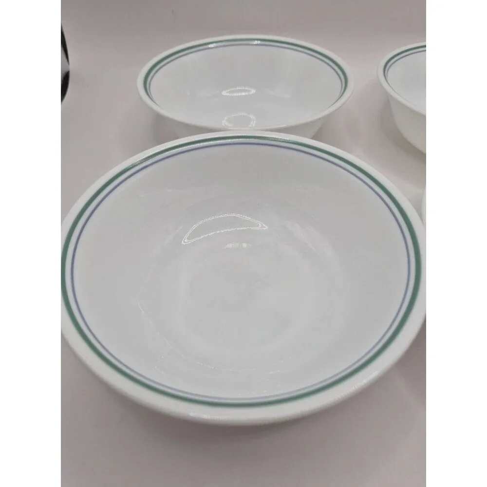 Corelle Country Cottage Green & Blue Rim Cereal Soup Bowls Set of 4 Vintage